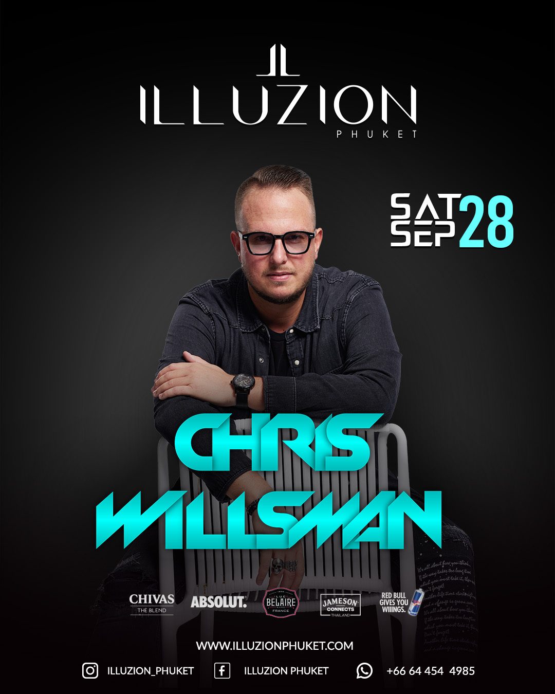 Poster of DJ Artist Chris Willsman who will perform his best performance at Illuzion, a vibrant nightclub in Thailand, featuring colorful lights and energetic crowds